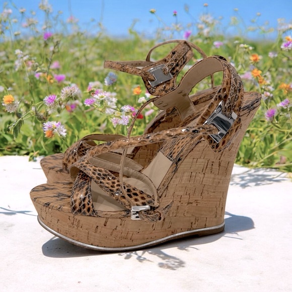 Michael Kors Tan Wedge Sandals with Cork Platform snake print size 35.5 - Picture 3 of 12